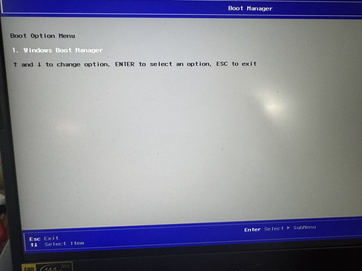 BIOSのBoot Manager画面。Boot Option MenuにWindows Boot Managerが表示されている