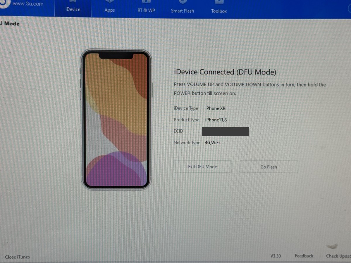パソコン接続時にDFUモードとして認識されている画面